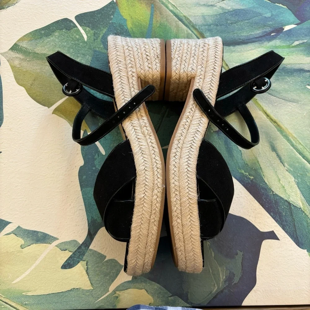 J. CREW Heeled Platform Espadrilles Black Size 11 Faux Suede